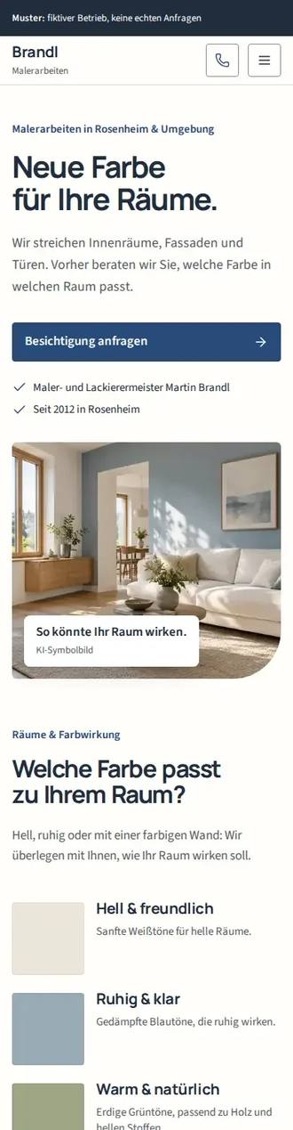 Website-Muster Malerbetrieb Brandl (Malerarbeiten) auf dem Handy.