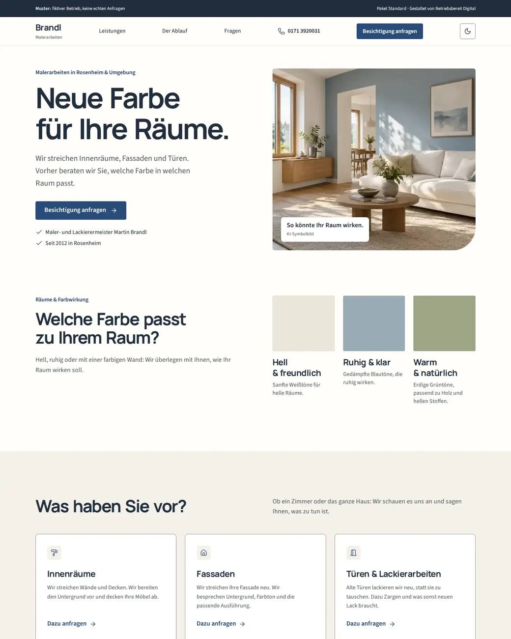 Website-Muster Malerbetrieb Brandl (Malerarbeiten) am Rechner.